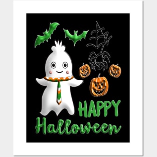 Pumpkin baby boy ghost Kawaii bat spider Happy Halloween violet orange black dots ribbon 3D tridimensional 318 Posters and Art